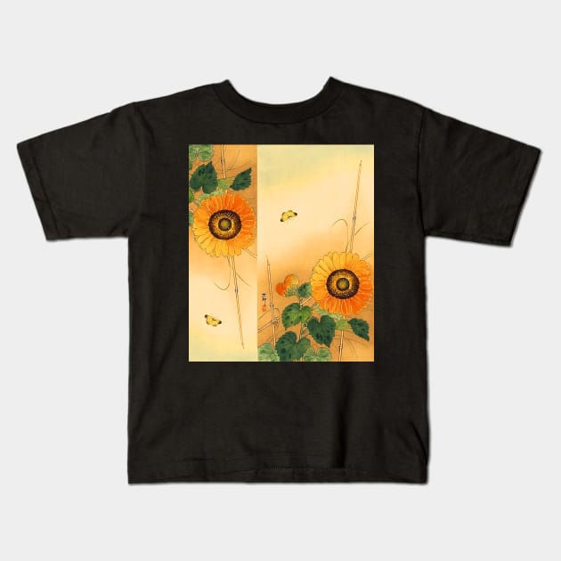 SUNFLOWER AND BUTTERFLY Antique Japanese Paintings Kids T-Shirt by BulganLumini